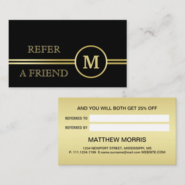 Elegant gold Personalized  Monogram on black  Referral Card (Front/Back)