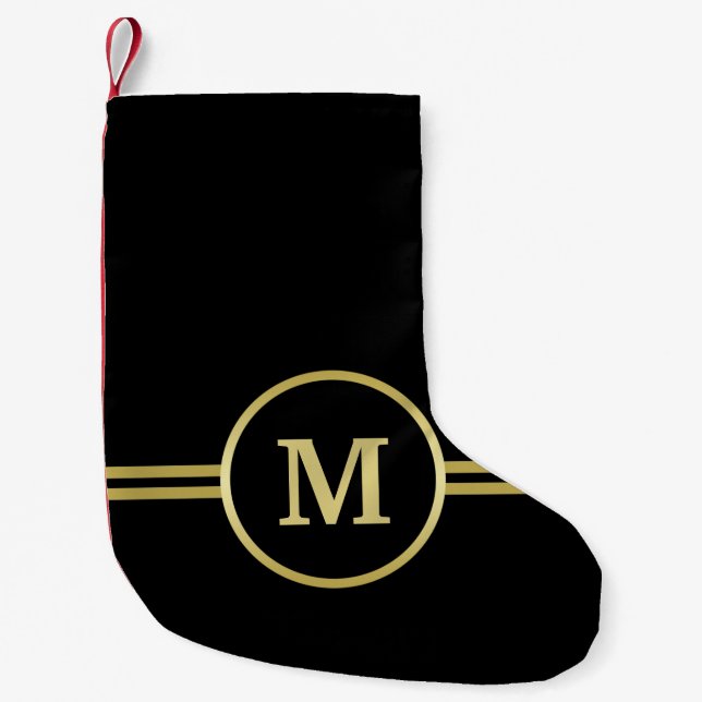 Elegant gold Personalized  Monogram on black  Small Christmas Stocking (Front)