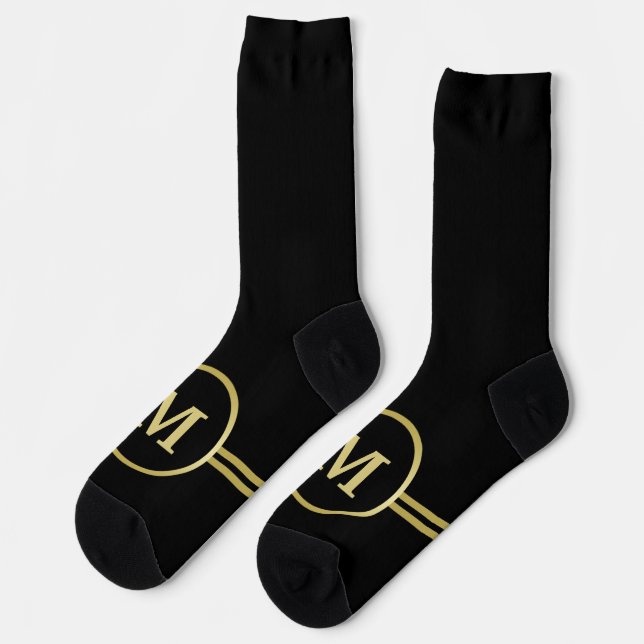 Elegant gold Personalized  Monogram on black  Socks (Left)