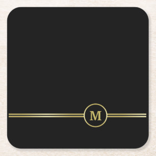 Elegant gold Personalized  Monogram on black Square Paper Coaster
