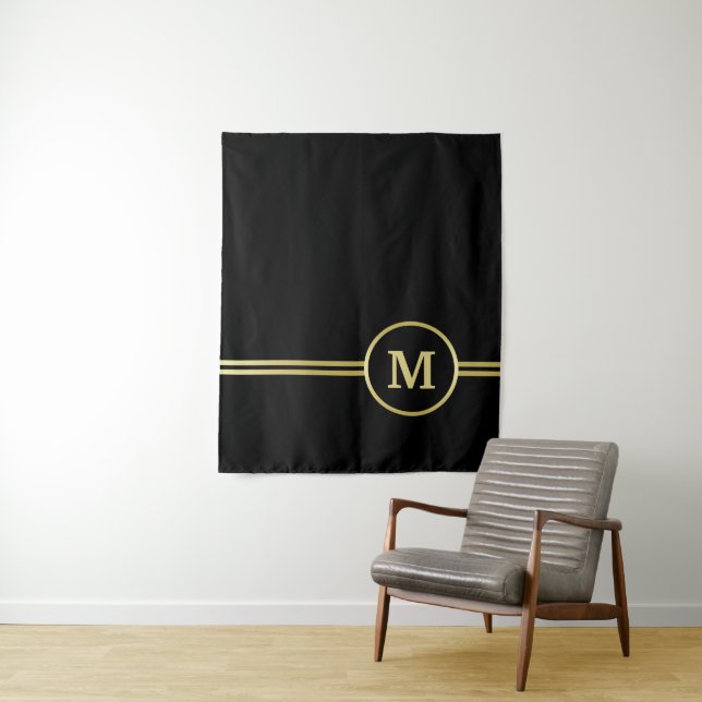 Elegant gold Personalized  Monogram on black  Tapestry (In Situ)
