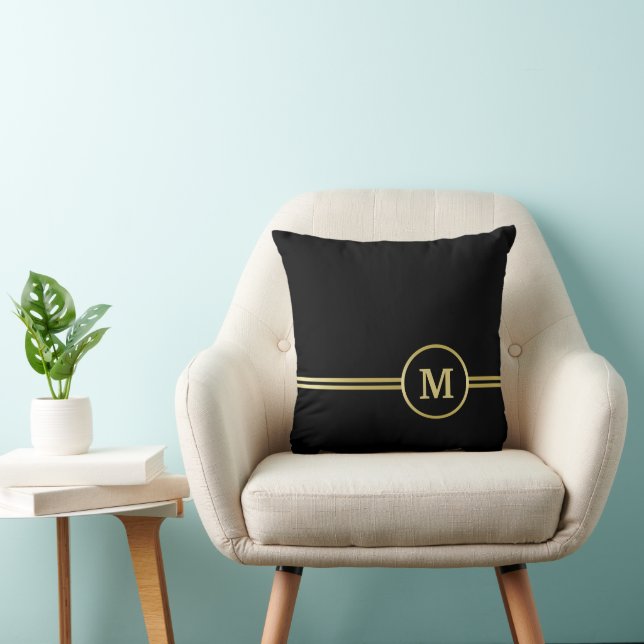 Elegant gold Personalized  Monogram on black  Throw Pillow (Chair)