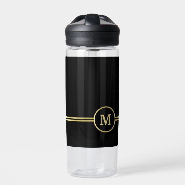 Elegant gold Personalized  Monogram on black  Water Bottle (Front)