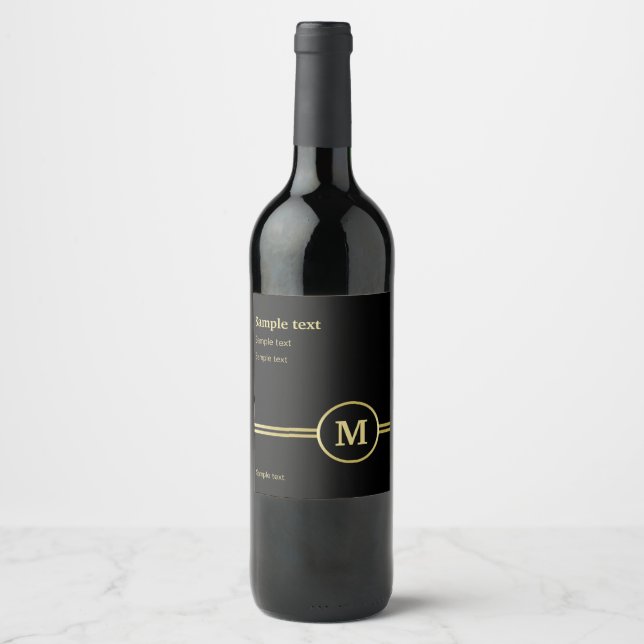 Elegant gold Personalized  Monogram on black  Wine Label (Front)