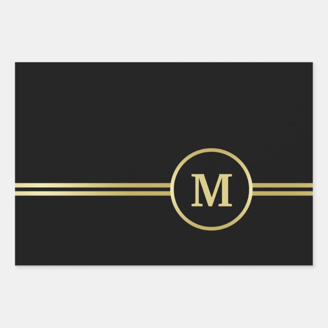 Elegant gold Personalized  Monogram on black  Wrapping Paper Sheet (Front)