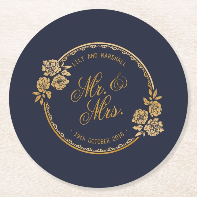 Elegant Gold Personalized Wedding | Paper Coaster (Front)