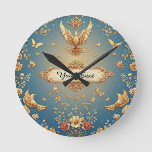 Elegant Gold Phoenix Frame With Floral Motifs Round Clock