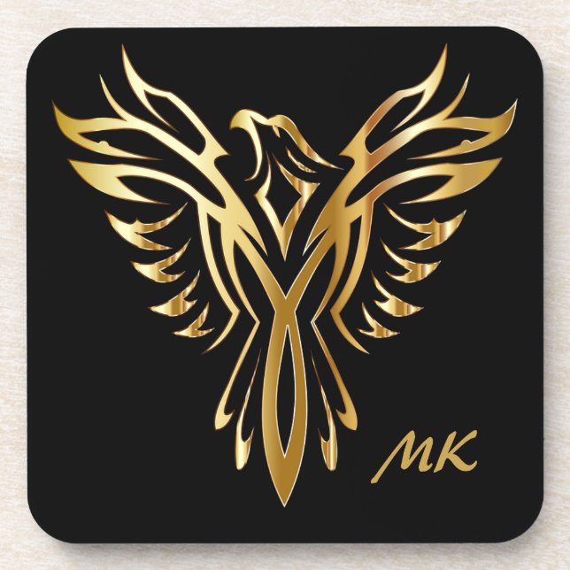 Elegant Gold Phoenix Rising Monogrammed Coaster (Front)