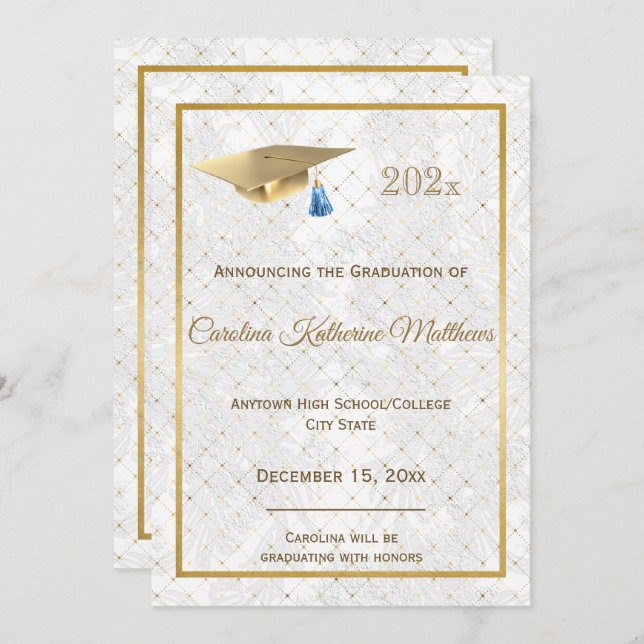 Elegant Gold Photo Blue Cap Graduation Announcement (Front/Back)