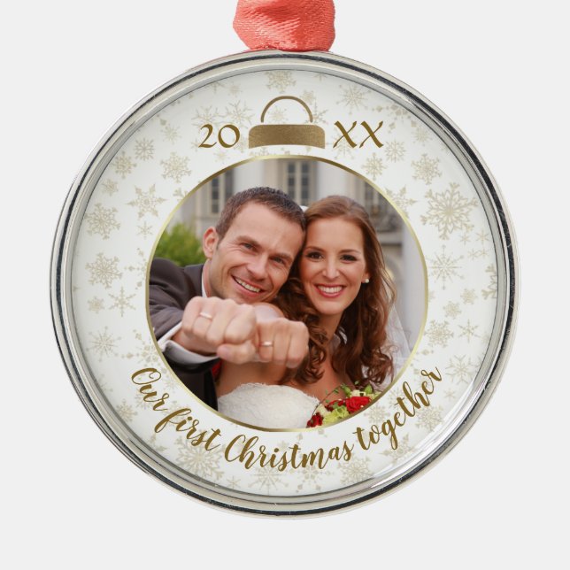 Elegant Gold Photo Our First Christmas Metal Ornament (Front)
