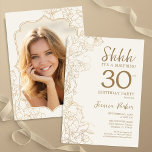 Elegant Gold Photo Surprise 30th Birthday Invitation<br><div class="desc">Elegant gold cream surprise 30th birthday party invitation with your photo on the back of the card. Trendy modern feminine design features botanical accents and typography script font. Simple floral invite card perfect for a stylish female surprise bday celebration. Can be customized to any age. Printed Zazzle invitations or instant...</div>