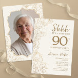 Elegant Gold Photo Surprise 90th Birthday Invitation<br><div class="desc">Elegant gold cream surprise 90th birthday party invitation with your photo on the back of the card. Trendy modern feminine design features botanical accents and typography script font. Simple floral invite card perfect for a stylish female surprise bday celebration. Can be customized to any age. Printed Zazzle invitations or instant...</div>