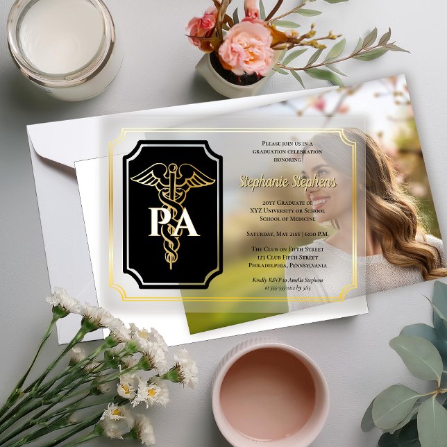 Elegant Gold Physicians Assistant Graduation Party Vellum Invitations (Elegant Black and Gold Tone Physician's Assistant "PA" Graduation Announcement and Party Invitation )