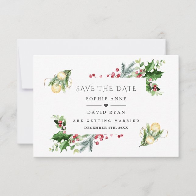 Elegant Gold Pine Berry Christmas Balls Wedding  Save The Date (Front)