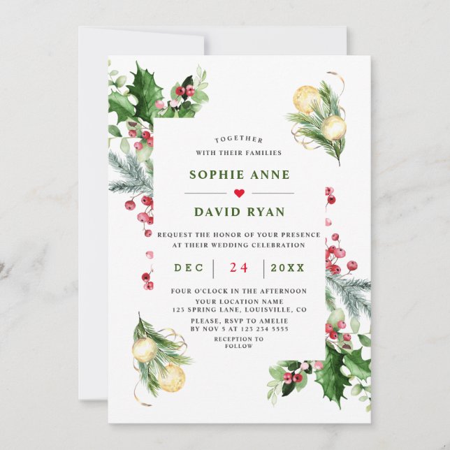 Elegant Gold Pine Berry Christmas Wedding Invitation (Front)