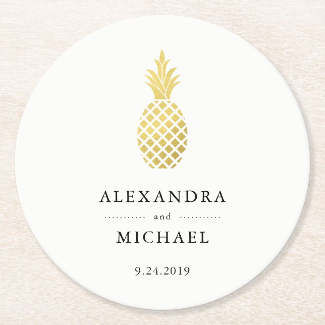 Elegant Gold Pineapple Wedding Round Paper Coaster (Front)
