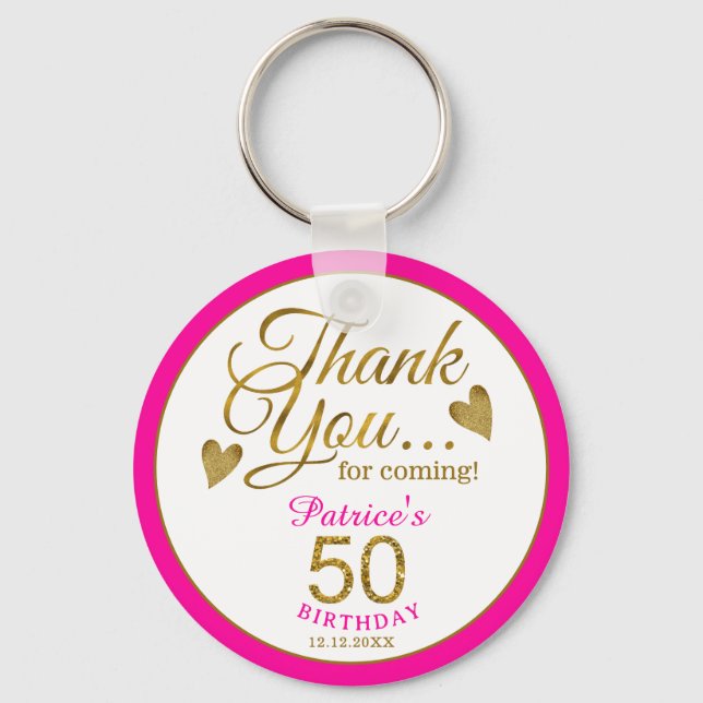 Elegant Gold Pink 50th Birthday Thank You Favour   Keychain (Front)