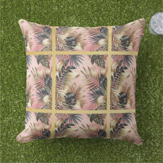 Elegant Gold, Pink and Black Jungle Leaf Pattern Outdoor Pillow