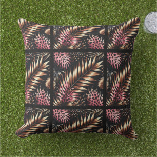 Elegant Gold, Pink and Black Jungle Leaf Pattern Outdoor Pillow