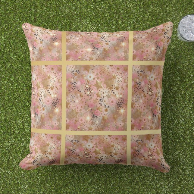 Elegant Gold, Pink and Black Jungle Leaf Pattern Outdoor Pillow (Grass)