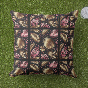 Elegant Gold, Pink and Black Jungle Leaf Pattern Outdoor Pillow