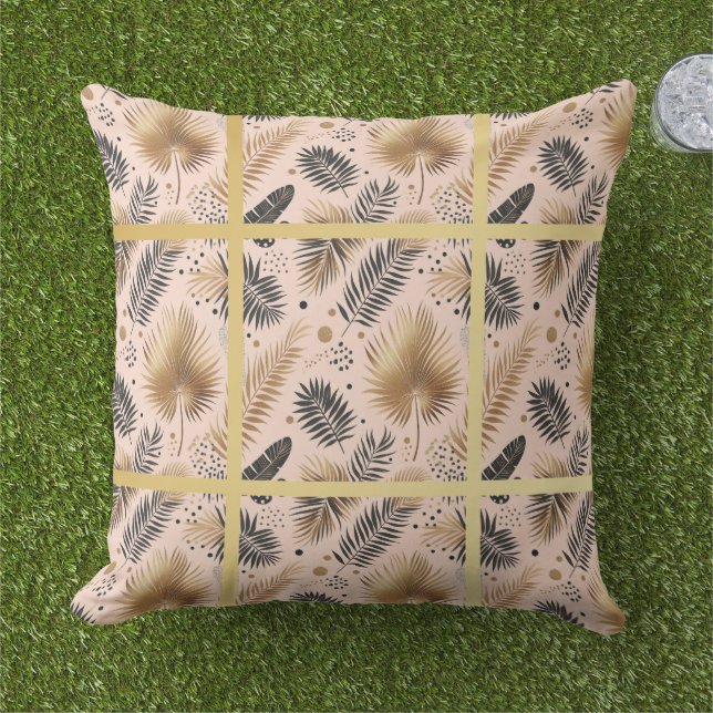 Elegant Gold, Pink and Black Jungle Leaf Pattern Outdoor Pillow (Grass)