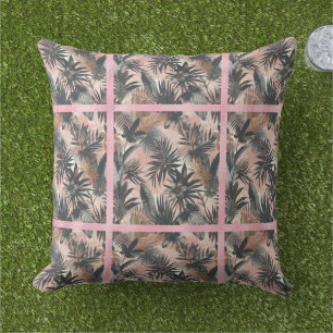 Elegant Gold, Pink and Black Jungle Leaf Pattern Outdoor Pillow