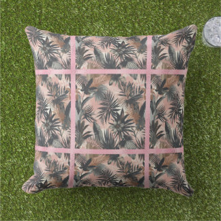 Elegant Gold, Pink and Black Jungle Leaf Pattern Outdoor Pillow