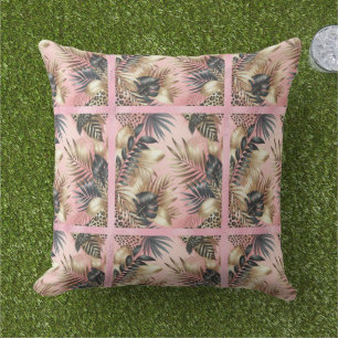 Elegant Gold, Pink and Black Jungle Leaf Pattern Outdoor Pillow