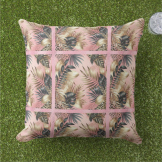 Elegant Gold, Pink and Black Jungle Leaf Pattern Outdoor Pillow