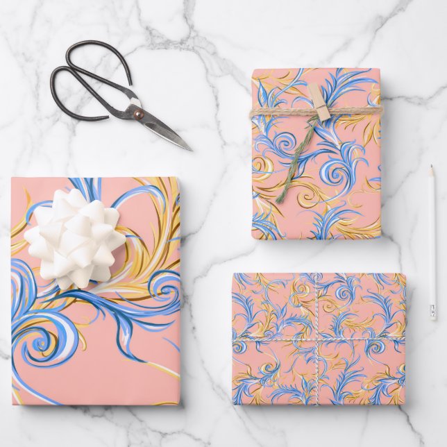 Elegant Gold Pink Blue Arabesque Swirl Pattern Wrapping Paper Sheet (Front)
