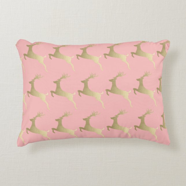 Elegant Gold Pink Christmas Reindeer Pattern Accent Pillow (Front)