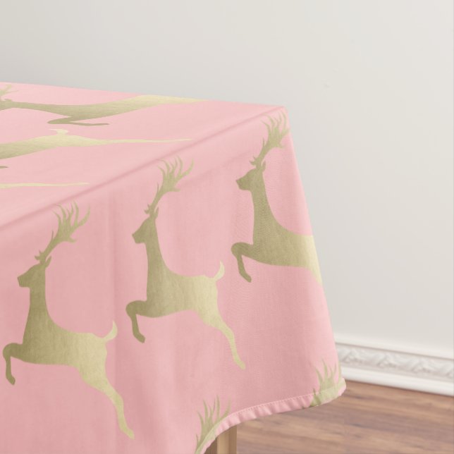Elegant Gold Pink Christmas Reindeer Pattern Tablecloth (In Situ)