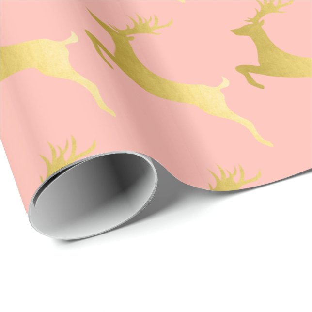 Elegant Gold Pink Christmas Reindeer Pattern Wrapping Paper (Roll Corner)