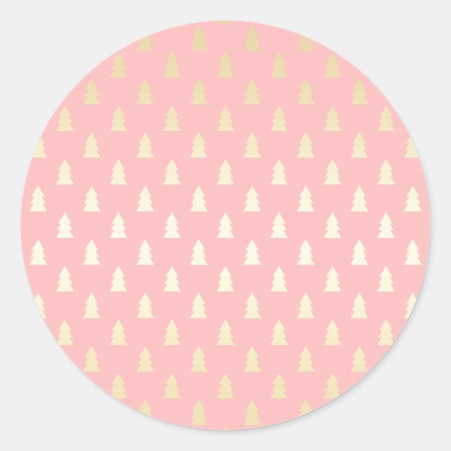 Elegant Gold & Pink Christmas Tree Pattern Classic Round Sticker (Front)