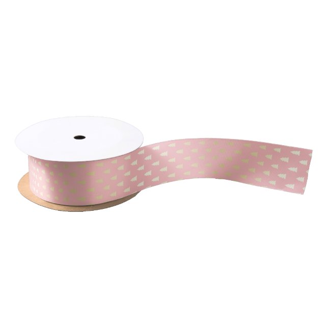 Elegant Gold & Pink Christmas Tree Pattern Satin Ribbon (Spool)