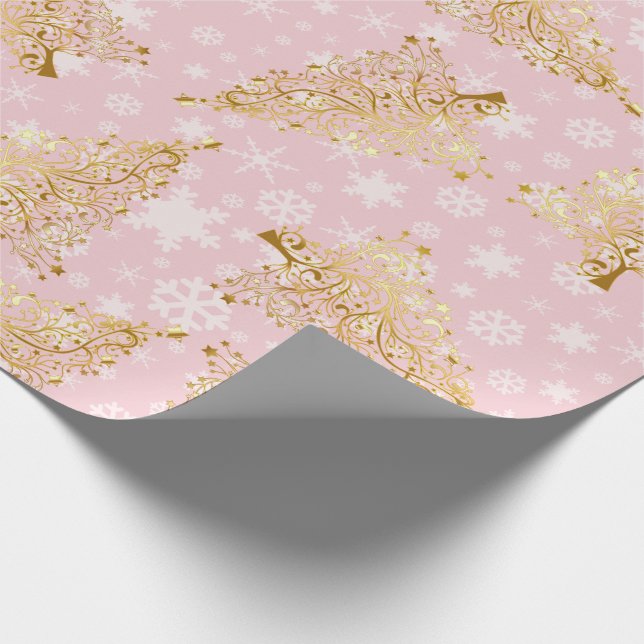 Elegant Gold & Pink Christmas Tree Pattern Wrapping Paper (Corner)