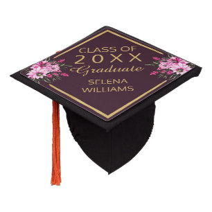 Elegant Gold Pink Floral CLASS OF 2025 Graduate Graduation Cap Topper