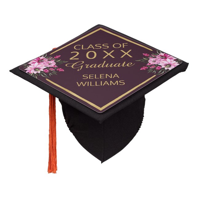 Elegant Gold Pink Floral CLASS OF 2025 Graduate Graduation Cap Topper (Angled)