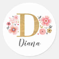 Elegant Gold Pink Floral Monogram Initial Letter D