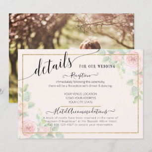 Elegant Gold Pink Floral Script Wedding Details Invitation