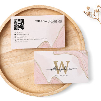 Elegant Gold Pink Glitter QR Code Modern Monogram Business Card