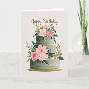 Elegant Gold, Pink & Green Floral Birthday Cake Card