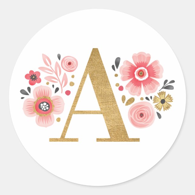 Elegant Gold Pink Monogram Floral Letter A Classic Classic Round Sticker (Front)