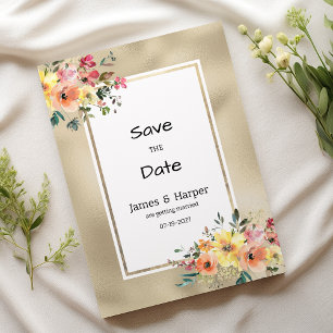 Elegant gold pink orange mint floral Save the Date Invitation
