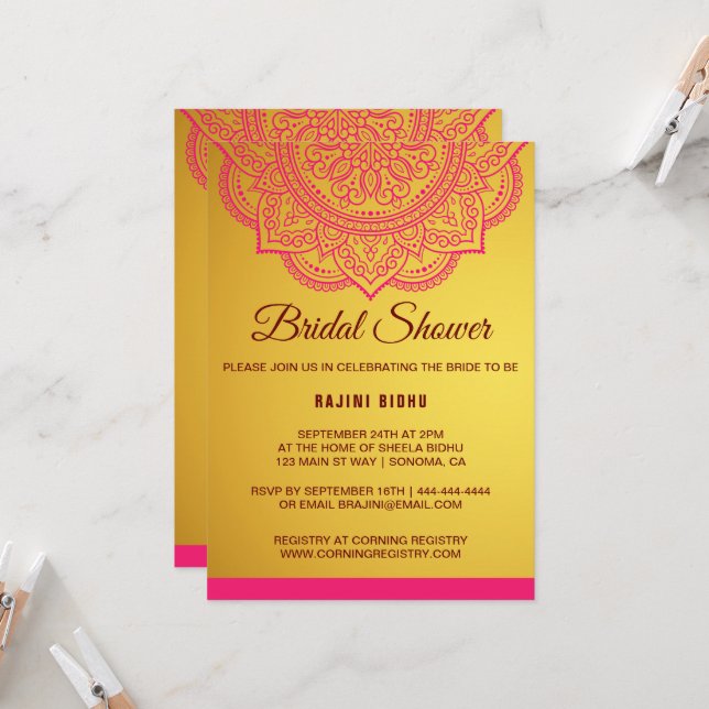 Elegant Gold Pink Paisley Bridal Shower Invitation (Front/Back In Situ)