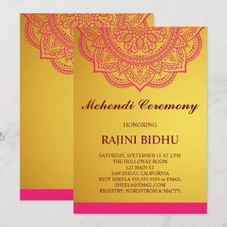 Elegant Gold Pink Paisley Indian Mehndi Ceremony Invitation