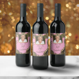 Elegant Gold Pink Photo 50 Fabulous Birthday Wine Label