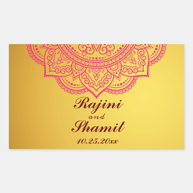 Elegant Gold Pink Red Indian Paisley Wedding Recta Sticker (Front)