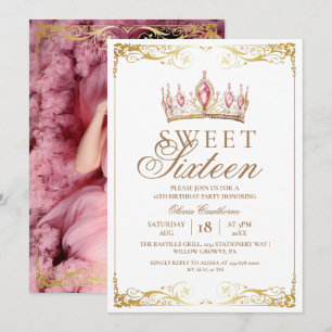 Elegant Gold & Pink Sweet 16 Crown Birthday Photo Invitation